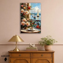 Gaagart Tekli Dikey Kanvas Tablo Çiçekli Balkon Deniz Manzarası Yelkenli ve Kahve Temalı