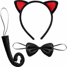 Ozkr Store Kırmızı Kulaklı Kedi Kostüm Seti – Taç Papyon Kuyruk 3 Parça