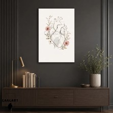 Gaagart Tekli Dikey Kanvas Tablo Ince Çiçek Dallarıyla Süslenmiş Minimal Anatomik Kalp Illüstrasyonu