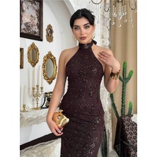 Gold Işıltılı Boyundan Bağlamalı Gece Elbisesi