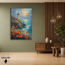 Gaagart Tekli Dikey Kanvas Tablo Gün Batımında Deniz Feneri ve Gelincikler Sahil Manzarası