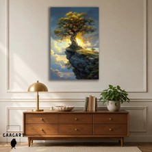 Gaagart Tekli Dikey Kanvas Tablo Kayalık Uçurumda Ağaç ve Altın Gün Işığı Fantastik Manzara