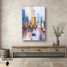 Gaagart Tekli Dikey Kanvas Tablo Renkli Modern Şehir Silüeti ve Yelkenli Soyut Resim