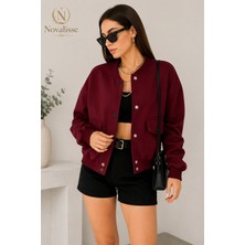 Novalisse Kadın Bordo Bomber Ceket – Oversize Dalgıç Kumaş Çıtçıt Düğmeli Baharlık Ceket