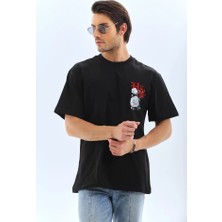 Guzu & Çarşı Unisex Oversize Baskılı Bisiklet Yaka T-Shirt - Siyah
