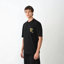 Guzu & Çarşı Unisex Bisiklet Yaka Baskılı Oversize T-Shirt - Siyah