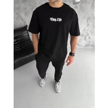 Guzu & Çarşı Unisex Bisiklet Yaka Baskılı Oversize T-Shirt - Siyah