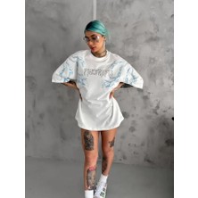 Guzu & Çarşı Unisex Bisiklet Yaka Baskılı Oversize T-Shirt - Beyaz