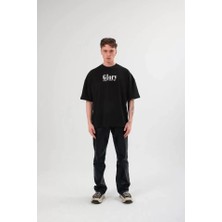 Guzu & Çarşı Unisex Bisiklet Yaka Baskılı Oversize T-Shirt - Siyah
