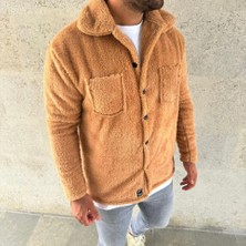 Guzu & Çarşı Erkek Pelüş Polar Hırka Gömlek – Yakalı, Ilik Düğmeli, Göğüs Cepli, Yumuşak Dokulu Kışlık Regular Fit Rahat Günlük Model - Açık Kahve