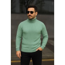 Guzu & Çarşı Erkek Balıkcı Yaka Bağazlı Triko Kazak Pamuklu Kalın Fitilli Dokuma, Regular Fit Uzun Kollu Kışlık Model - Mint Yeşili