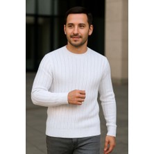 Guzu & Çarşı Erkek Bisiklet Yuvarlak Yaka Triko Kazak Pamuklu Kalın Fitilli Dokuma, Regular Fit Uzun Kollu Kışlık Model - Beyaz
