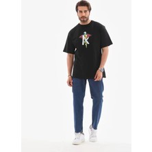 Guzu & Çarşı Unisex Bisiklet Yaka Baskılı Oversize T-Shirt - Siyah