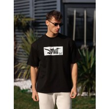 Guzu & Çarşı Unisex Bisiklet Yaka Baskılı Oversize T-Shirt - Siyah