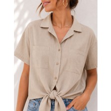 Basics & More Kadın Keten Görünümlü Çift Cepli Kısa Kollu Oversize Gömlek