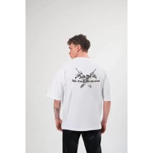 Guzu & Çarşı Unisex Bisiklet Yaka Baskılı Oversize T-Shirt - Beyaz