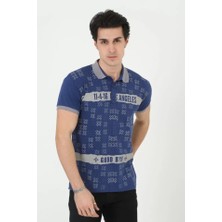 Guzu & Çarşı Erkek Yakalı Slim Fit Baskılı T-Shirt - Mavi
