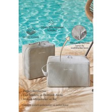 Ocean Home Textile 2'li Termal Astarlı Su Itici Leke Tutmaz Gri Renk Jüt Keten Makyaj Çantası Seti 25 x 15 x 12.5 / 20 x 21 x 11 cm