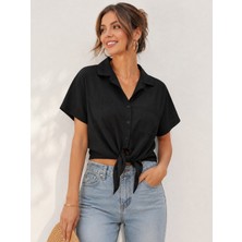 Basics & More Kadın Keten Görünümlü Çift Cepli Kısa Kollu Oversize Gömlek