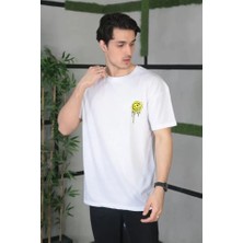 Guzu & Çarşı Unisex Bisiklet Yaka Baskılı Oversize T-Shirt - Beyaz