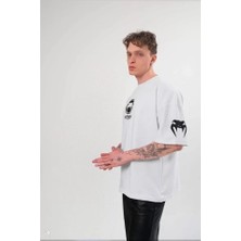 Guzu & Çarşı Unisex Bisiklet Yaka Baskılı Oversize T-Shirt - Beyaz