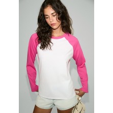 Ethiquet Elarıah Kadın %100 Organik Pamuklu Kontrast Kol Renkli Oversıze Uzun Kollu Pembe T-Shirt
