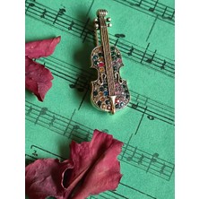 Müzik Ve Herşey Müziğin Sihri Üstünüzde Broş Keman Zirkon Renkli Taşlı