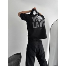Guzu & Çarşı Baskılı Oversize Bisiklet Yaka T-Shirt - Siyah
