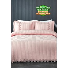 Evien Home Dantelli Kapitone Yatak Örtüsü Çift Kişilik %100 Pamuk Elyaf Dolgulu Yumuşak Pudra 240 x 250 cm