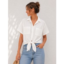 Basics & More Kadın Keten Görünümlü Çift Cepli Kısa Kollu Oversize Gömlek