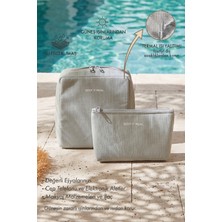 Ocean Home Textile 2'li Termal Astarlı Su Itici Leke Tutmaz Gri Renk Jüt Keten Makyaj Çantası Seti 19 x 13 x 7 / 20 x 21 x 11 cm