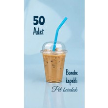 350 cc Kapaklı Pipetli Sert Plastik Bardak Pet Bardak Limonata Soğuk Içecek Milkshake Bardağı 50LI