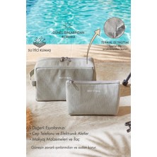 Ocean Home Textile 2'li Termal Astarlı Su Itici Leke Tutmaz Gri Renk Jüt Keten Makyaj Çantası Seti 19 x 13 x 7 / 25 x 15 x 12.5 cm