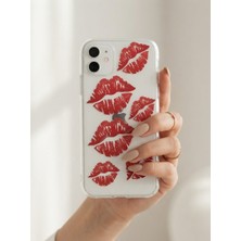 Cm Store iPhone 11 Kırmızı Dudak / Öpücük Desenli Şeffaf Telefon Kılıfı