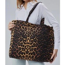 Çınar Bez Çanta Çınar Renkli Leopar Desen Büyük Boy Bez Çanta İç Cepli Ergonomik Tasarım ile Şık Görünüm