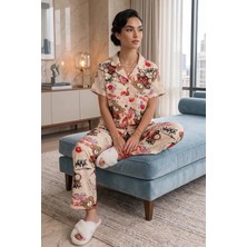 Amora Fancy Clothing Ekru Ayıcık Desenli Kısa Kollu Gömlek Yaka Milan Kumaş Kadın Pijama Takımı