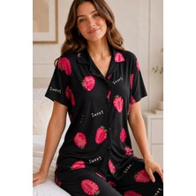 Amora Fancy Clothing Siyah Çilek Desenli Kısa Kollu Gömlek Yaka Milan Kumaş Kadın Pijama Takımı