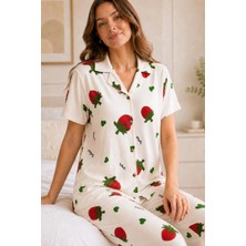 Amora Fancy Clothing Ekru Çilek Desenli Kısa Kollu Gömlek Yaka Milan Kumaş Kadın Pijama Takımı