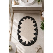 Bonny Home Dantelli Kaymaz Deri Tabanlı Oval Banyo Paspası Güpürlü Yıkanabilir Banyo Takımı Piera