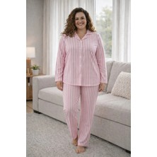 Bravie Süet Gömlek Yumuşak Dokulu Büyük Beden Pijama Takımı 7210 Pembe Çizgili