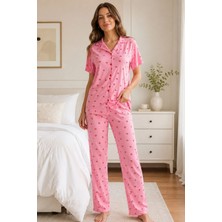 Amora Fancy Clothing Pembe Kiraz Desenli Kısa Kollu Gömlek Yaka Milan Kumaş Kadın Pijama Takımı
