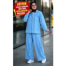 Esra Butik Ince Tensel Kot Takım – Boydan Fermuarlı Tesettür Takım | Açık Mavi & Lacivert