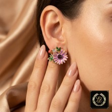 Majiali Vıp Seri Gold Renk Mor Mineli Çiçekli Çivi Küpe 2 cm