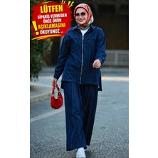 Esra Butik Ince Tensel Kot Takım – Boydan Fermuarlı Tesettür Takım | Açık Mavi & Lacivert