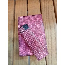 Gardenauto Pembe Taşlı Slim (Ince) Kısa Metal Sigara Kutusu ve Çakmak (Dolabilen)