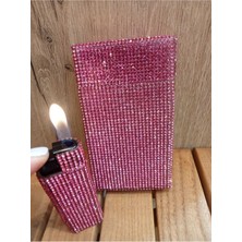 Gardenauto Pembe Taşlı Slim (Ince) Uzun Metal Sigara Kutusu ve Çakmak (Dolabilen)