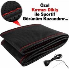 Gardenauto Deri Direksiyon Kılıfı Sarmalı Dikmeli Kırmızı Dikişli Kokusuz Kılıf