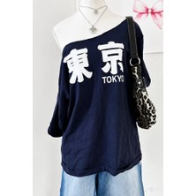 Moonstyle Collection Lacivert Tokyo Y2K Kısa Kollu Off Shoulder Kayık Yaka Street Styling Bluz