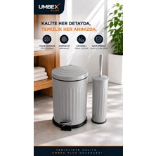Umbex Plus Vintage Gri Set Amortisörlü Yavaş Kapanır Çöp Kovası Fırca 5 Lt