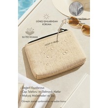 Ocean Home Textile Termal Astarlı Naturel Renkli Jüt Keten Makyaj Çantası 15 x 11 x 6 cm